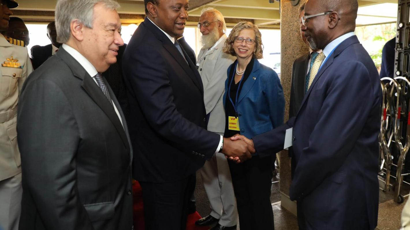 Former president of Kenya, Mr. Uhuru Kenyatta, current Executive Director of the United Nations Environment Programme, and current United Nations Secretary General, Antonio Guterrez. 