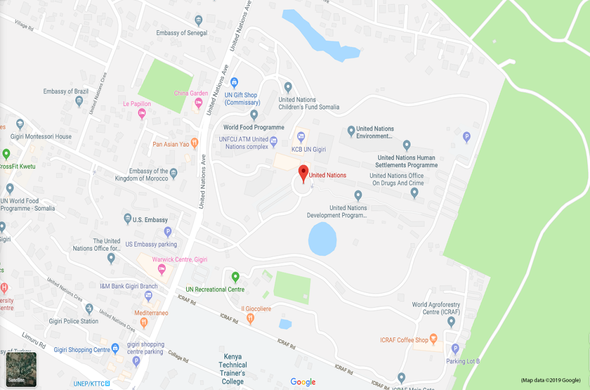 Google map showing the location and directions on how to reach the United Nations Office at Nairobi complex.