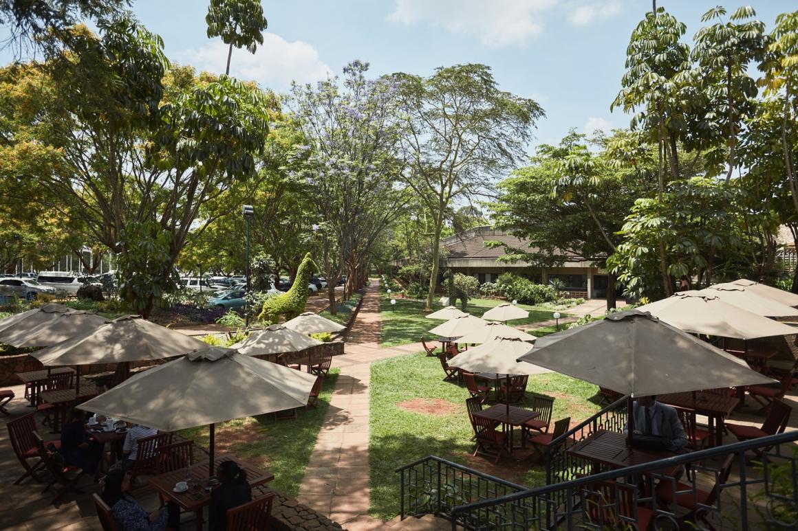 Vue plongeante sur l’espace extérieur de la cafétéria principale de l’ONUN, comprenant des arbres, des pelouses et des tables de pique-nique en bois à l’ombre de parasols beiges