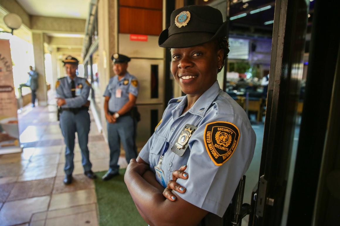 Three uniformed security officers providing safety and security services during a meeting in Conference Room 2 at the UNON complex