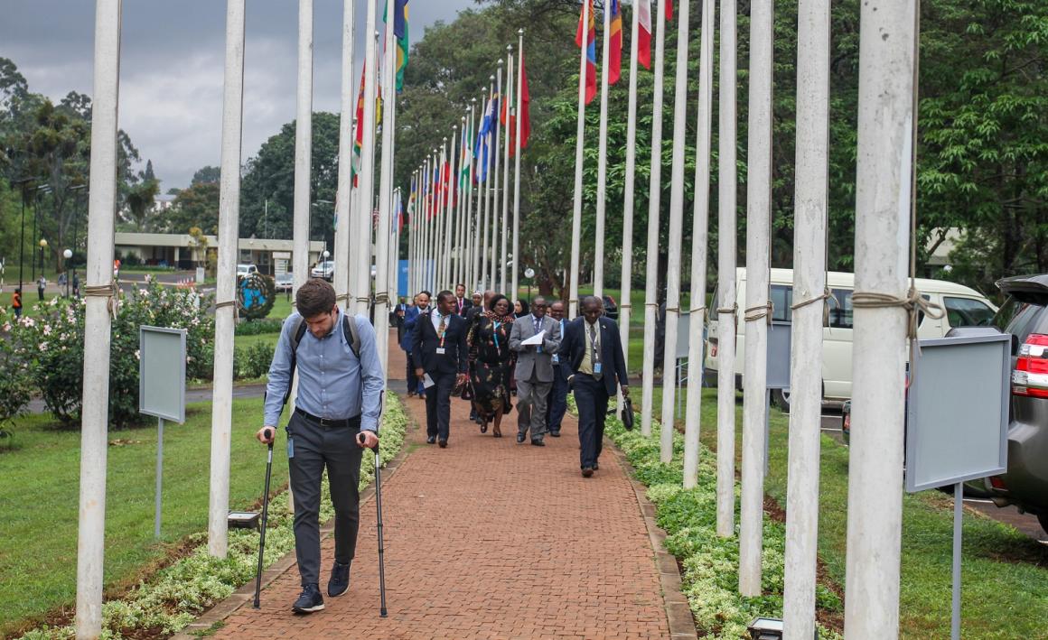 Delegates walking along UN flags route