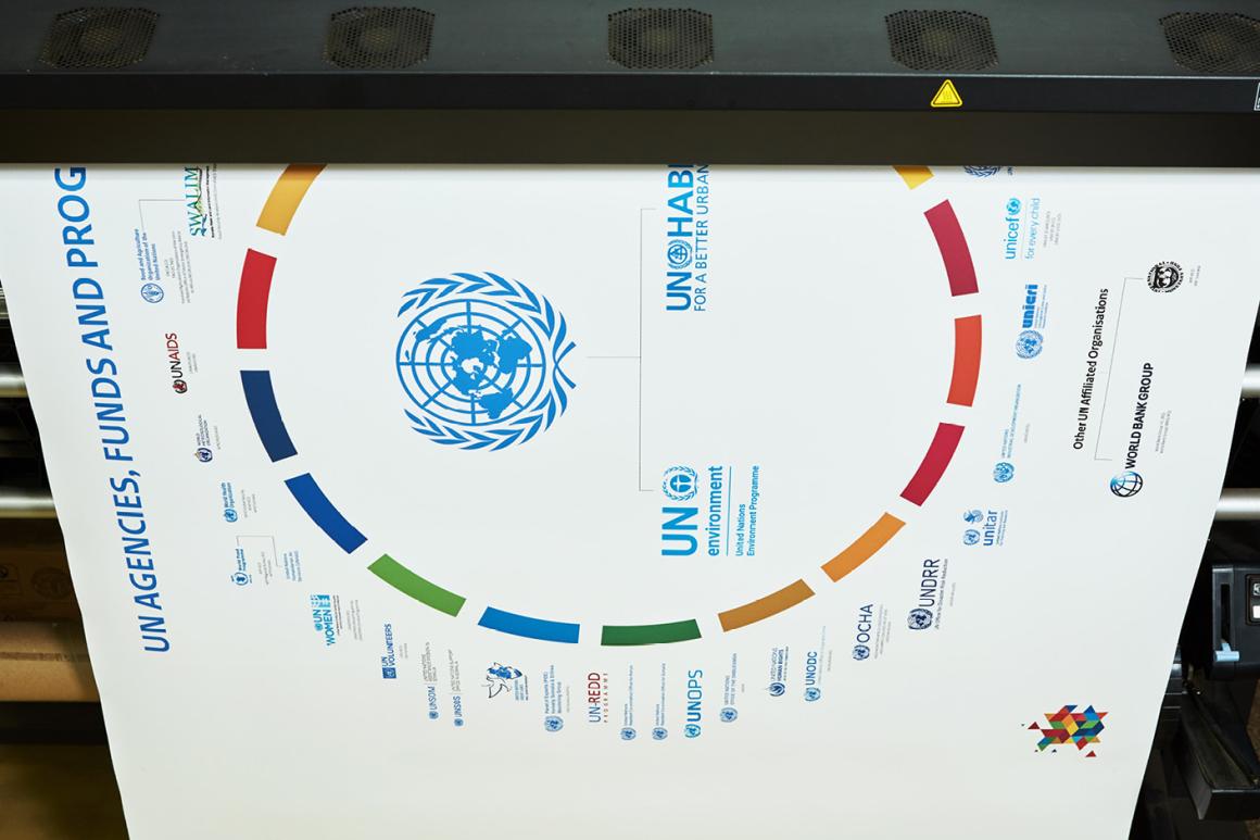 Affiche indiquant les noms des différentes entités du système des Nations Unies auxquelles des services sont fournis par la Section des services de publication de la Division des services de conférence de l’ONUN 