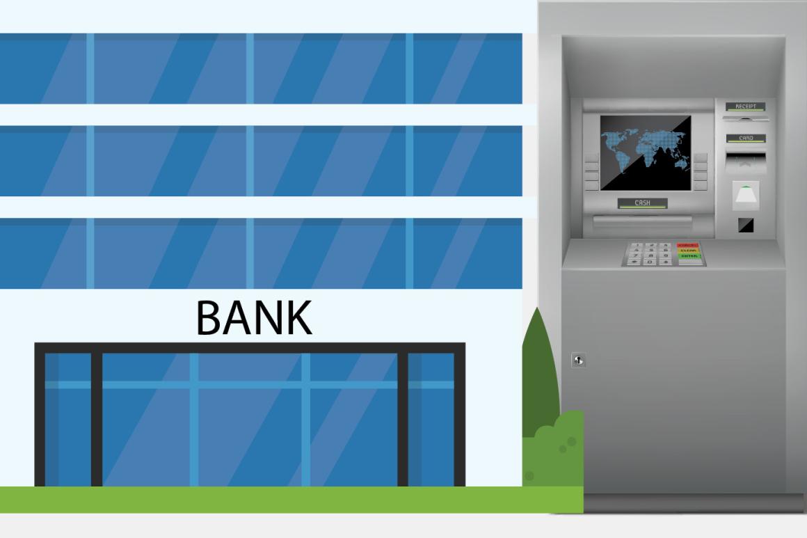 Graphic of bank entrance and ATM machine