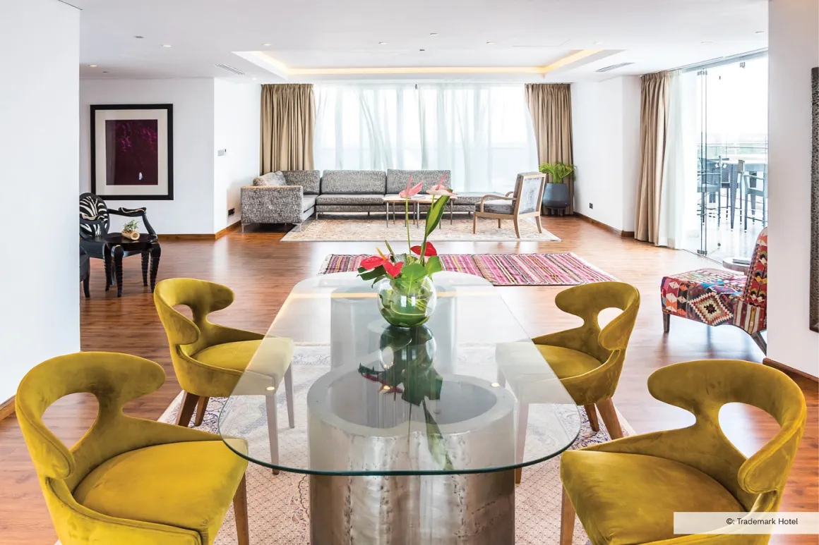 Bright hotel room with modern furniture