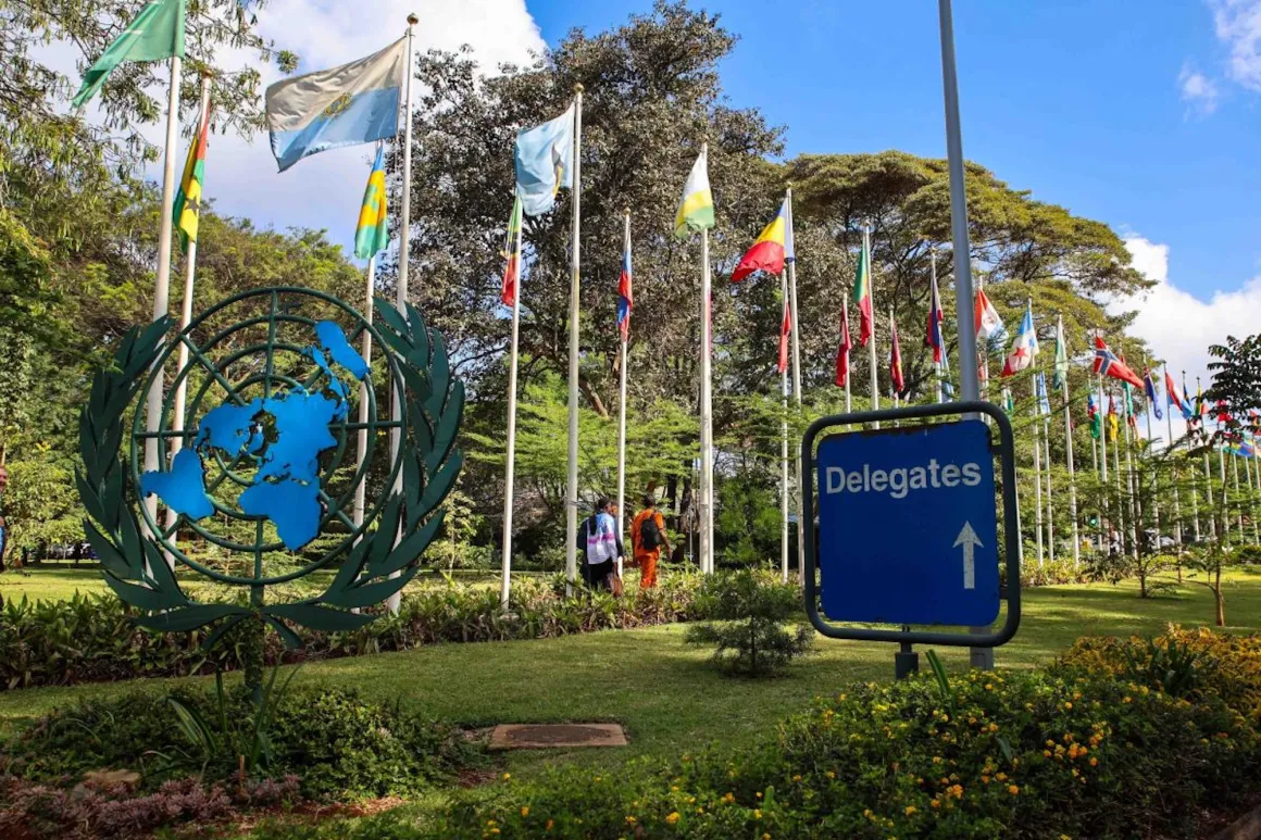 Two signs infront of a pathway lined with national flags