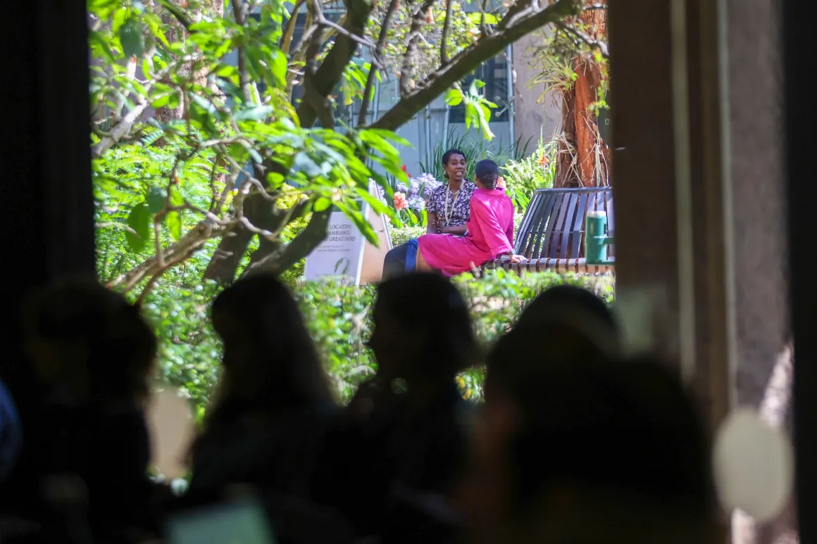 Two people talk under a tree