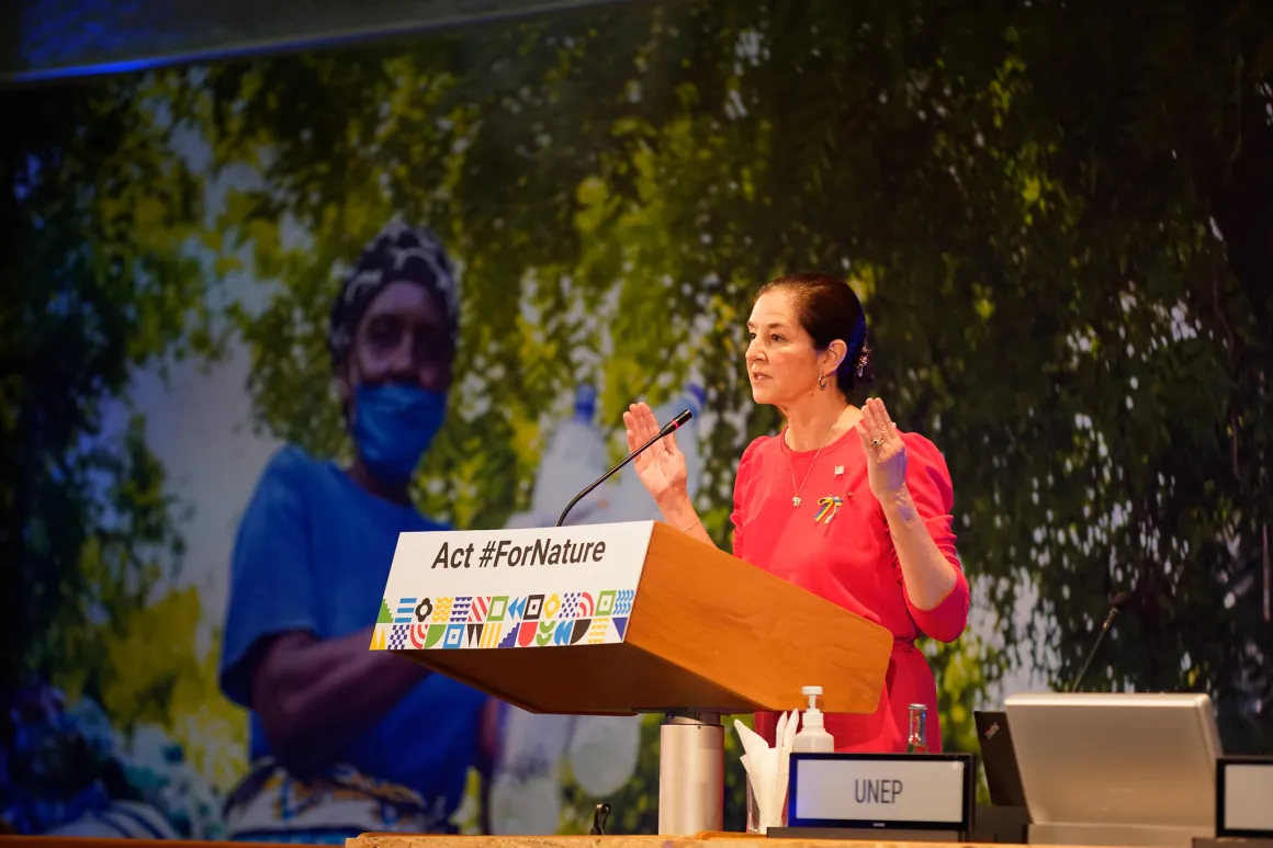 A woman speaks at a podium